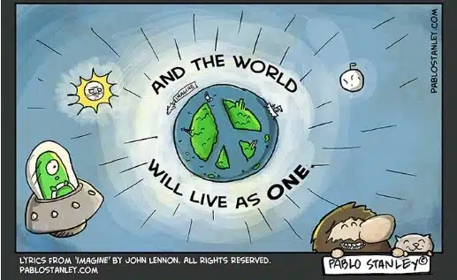 pensarcontemporaneo.com - "Imagine", de John Lennon, feito em uma em tirinha cômica