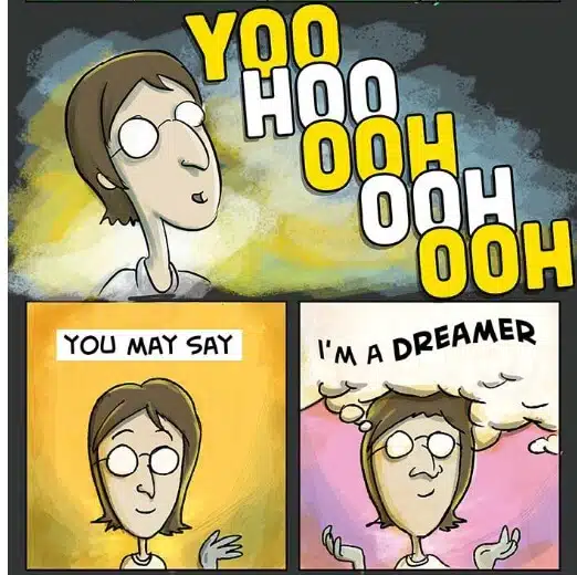 pensarcontemporaneo.com - "Imagine", de John Lennon, feito em uma em tirinha cômica