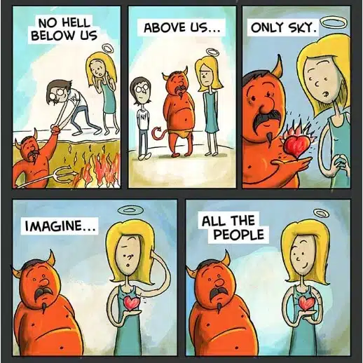 pensarcontemporaneo.com - "Imagine", de John Lennon, feito em uma em tirinha cômica