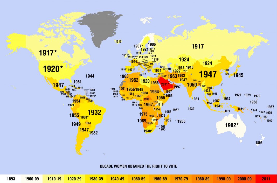 Este mapa mostra o ano em que as mulheres tiveram o direito de votar em cada país do mundo